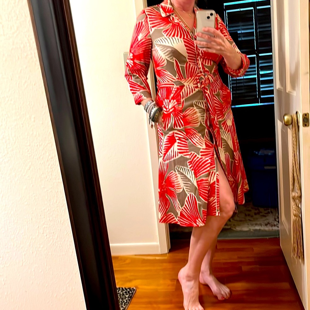 Rena Lange. Gorgeous, crisp cotton shirtdress. Fine details. Tropical. Lovely.